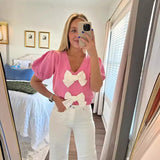 Fongt And Sweet Niche Wind 2025 Spring New V-Necked Short-Sleeved Personality Double Bow Solid Color Sweater Woman