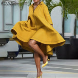 Summer Lapel Dresses ZANZEA Party Casual Robe Female Vintage Pleated Vestido Oversize Elegant Solid Knee Length
