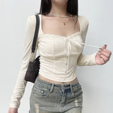 Solid Square Collar Cropped Top Women Sweet y2k Bandage Bow Stitched Full Sleeve T Shirt Vintage 2000s Coquette Aesthetic-Outfit