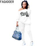 Off Shoulder Button Design Two Piece Sets Women PINK Letter Print Top+Stacked Pants Tracksuits Spring Casual Outfit