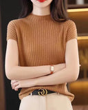 Summer New Half-High Collar Knitted Short-Sleeved Women's Thin T-Shirt With Loose Knitted Half-Sleeved Vest