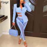 Women Solid Blazer Suit 2 Piece Sets Notched Long Sleeve Lace Up Bandage Asymmetrical Top Sheer Mesh Patchwork