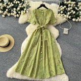 Fongt Dress French Retro Heavy Industry Hollow Embroidery Round Neck-Waist Short-Sleeved Dress Female Thin Single Row Buckle Long Skirt
