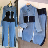 Fongt Splicing Fashion Casual Set Spring And Autumn New Long Sleeve Top + Broad Legs Long Pants Two Sets
