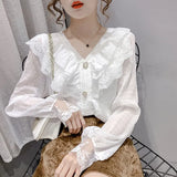 Fashion V-neck White Women's Long Sleeve Top Elegant Ruffle Stitching Blouse Casual Lace Vintage Chiffon Shirt Blusas
