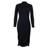 Fongt Spot 2023 Autumn Solid Color Sexy Slim Double Slit Half High Collar Long Sleeve Pit Dress-Outfit