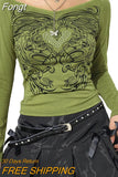Women Vintage T-shirts y2k Clothes 2023 Harajuku Crop Top T-shirt Graphic Gothic Grunge Long Sleeve Top Fall Winter