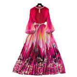 Fongt Elegant Dress Women Fashion Nail Ball Collar Hollow Pressure Folding Lantern Sleeves To Print Long Skirt