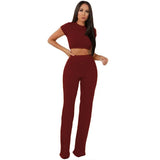 knitted long sleeve o-neck crop top wide leg pants 2 piece set for female women tops pants two pieces sets women's