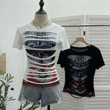 Fongt Rock Gothic 2025 Summer Dress Hole Design Feel Short-Sleeved Printed T-Shirt 26961