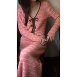 Fongt Age Reduction Knitting Set Early Autumn Design Stripe V-Neck Sweater Top Half-Dress Skirt Set
