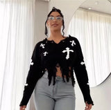 Fongt Hole Tuxed Sweater Dark Long Sleeve Loose Knitted Shirt