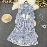 Fongt And Autumn Retro Court Style Lotus Leaf Side V-Neck Single Buckle Lantern Sleeves To Close The Waist A Word Print Dress Woman
