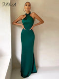 Maxi Green Satin Sleeveless Elegant Party Dresses Backless 2022 Summer Black Off Shoulder Sexy Club Bodycon Dress
