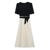 Fongt Collar Splicing Dress Women 2025 Summer Dress New Fashion Temperament Thin Design Small Bubble Sleeve Long Dress