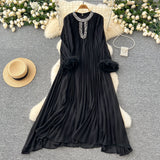 Fongt 2025 New Elegant Solid Dress Round Collared Loose Hair Splicing 100 Folding Long Dress