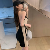 Bodycon Mini Dress Women Korean Contrast Color Halter Zipper Backless Slim Sexy Sleeveless Dresses-Outfit