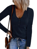 Fongt Autumn New Women's Button Vest Solid Color V-Neck Long-Sleeved T-Shirt Top
