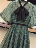 Vintage Design Elegant Dresses Summer Bow Collar Polka Dot Print Chiffon Dresses Puff Sleeve Korean Office Ladies
