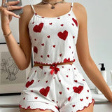 Fongt New 2024 Knitted Pit Strip Love Print Design Sweet Sling Shorts Pure Pyjamas