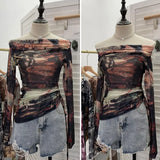 Vintage Graffiti-Printed Shoulder-Threin Mesh Long-Sleeved Blouse Side Drawstring Tethered With Slime T-Shirt