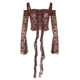 New One-Word Shoulder-Strapped Wood Ear Horn Sleeves Show Thin Lace Irregularly Lace Cardigan Blouse-Outfit