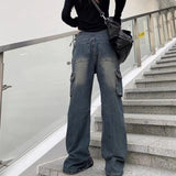 Zip Up Cargo Pocket Straight Leg Washed Jeans-Outfit