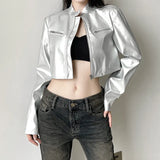 Fongt Style Leather Splicing Locomotive Suit Personalized Street Autumn Short-Term Open-Enavel Zipper Jacket Jacket