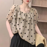 Sweet Polka Dot Printed Shirt Women's Elegant Square Collar Ruffles Spliced Loose Casual Puff Sleeve Drawstring Blouse-Outfit