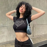 2024 New Round Collar Hot Diamond Love Wing Print Short-Sleeved T-Shirt Summer Short Hottie