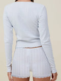 Women Pajama Sets 2pcs Loungewear Suits Solid Long Sleeve V-Neck T-shirts Crop Tops and Lace Shorts Sleepwear Outfits-Outfit