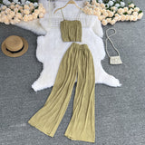 Fongt Suspenders Strapless Short Top High Waist Drop Feeling Wide Leg Pants Two-Piece Suit-Outfit