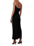 Women Sleeveless Strap Long Dress Black Patchwork V-neck Low Cut Slim Summer Party Back Split Dresses Female Vestidos-Outfit