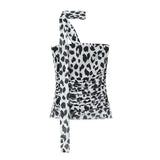 Fongt Summer New Breast-Wear Women's Fashion Animal Print Leopard Pattern Net Skirt Suit