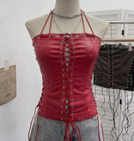 Fongt Babes Hollow Strapped Braped Pu Skin Top Female Tight Sexy Short Hanging Neck Vest 2765