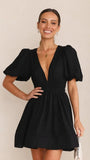 Fongt Summer New Sweet Deep V Waist Show Thin Pleated Bubble Sleeve Dress 23034-Outfit