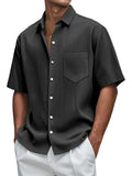 Fongt New Men's Solid Color Loose Comfortable Buffly Striped Short-Sleeved Button Lining