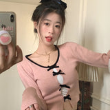 Fongt Fragrant Windy Bow Bow Long-Sleeved Knitted Girl Autumn New Design Hollow Wears Solid Color Long-Sleeved