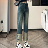 Patchwork Straight Cropped Pants Spring Autumn High Waist Women's Clothing Stylish Distressed Button Commute Basic Jeans-Outfit