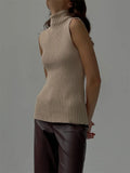 Sweater Pullover Turtleneck Women Ribbed Fashion Sleeveless High Waist Knitwear Top Slim Streetwear Female Pullover-Outfit