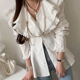 Laciness Collar Blusas Mujer Pleated Tunic Shirts Blouses Elegant Chic Fungus Shirt Tops Spring New Clothes Women-Outfit