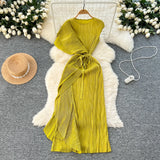 Fongt Folded Dress Design Irregular Lotus Leaves Side To Receive Waist Repair Bright Silk Pressure Folds