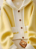 Fongt Style Yellow Splicing Hood Design Sweater Coat Knitted Cardigan Showing Lean Long Sleeves Loose Casual Top