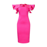 Fongt Women's Clothing 2025 New Round-Neck Lotus Leaf Sleeves Open Nail Beads OL Dress Dress Dress Dress