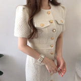 Fongt Chic French Temperament Round Collar Chic Metal Button Slim Slim Short Sleeve Wrapped Hip Tweed Dress Woman-Outfit