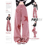 Fongt Girl Wears Embroidered Straight Jeans Female Autumn Vintage High-Waisted Star Broad-Legged Pink Pants