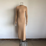 Thumb Hole Cute Dress Woman Party Night Long Sleeve Side Split Clothes Sexy Ribbed Knitted Suits Khaki Maxi