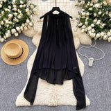 Fongt Luxury Famous Woman Hanging Neck Ribbon Woman 2025 Summer Atmosphere Feeling Thin Irregular Chiffon Shirt