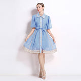 Fongt New Famous Summer Retro Collar Single Buckle Lace Lantern Sleeve Dress