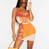 Mesh Patchwork Cut Out Mini Dress Women Straps Bicolor Color Blocking Wrap Hip Sundress 2021 Summer Prom Night Party